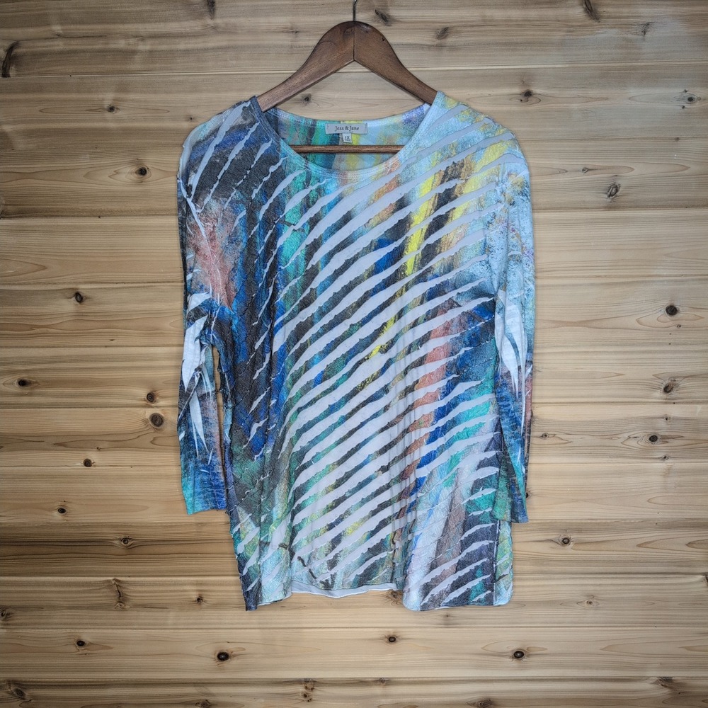 Jess & Jane Womens 1X Abstract Burnout Stripe‎ Top Multi Color Made in USA